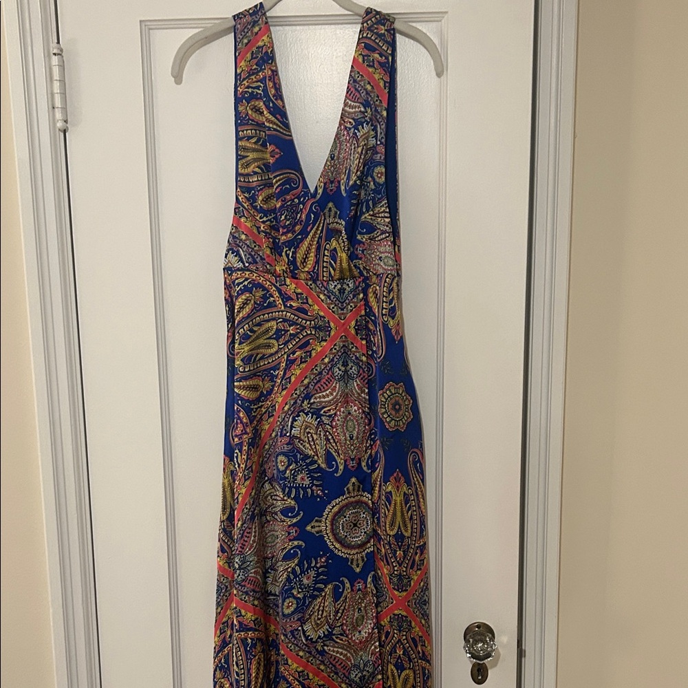 Forever 21 Royal Blue Paisley V-Neck Maxi Dress with Pink & Gold Accents